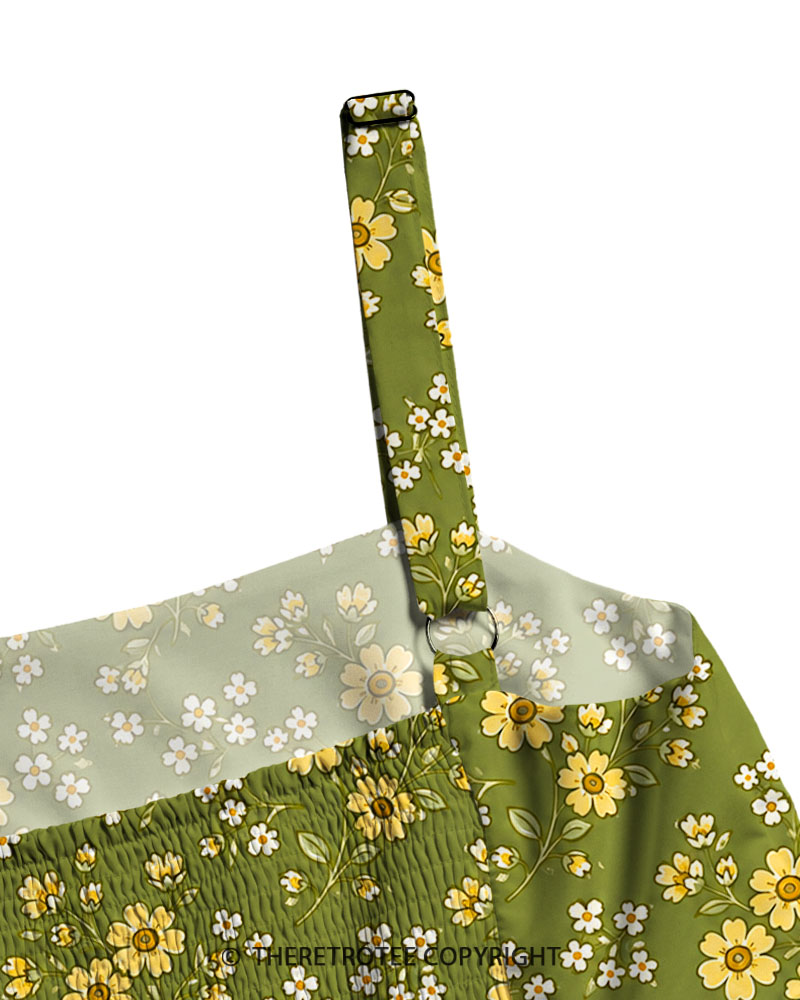 TheRetroTee 1960s Vintage Graphic Daisy Green Garden Maxi Dress