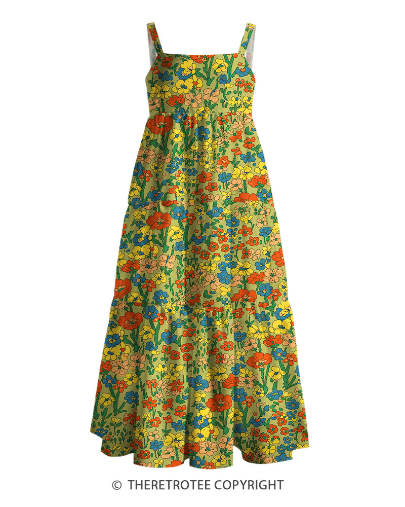 TheRetroTee 1960s Vintage Graphic Vibrant Daisy Garden Maxi Dress