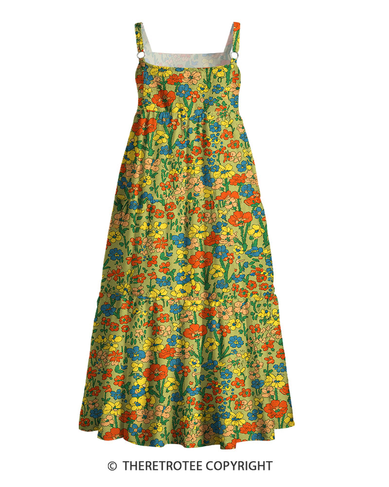 TheRetroTee 1960s Vintage Graphic Vibrant Daisy Garden Maxi Dress
