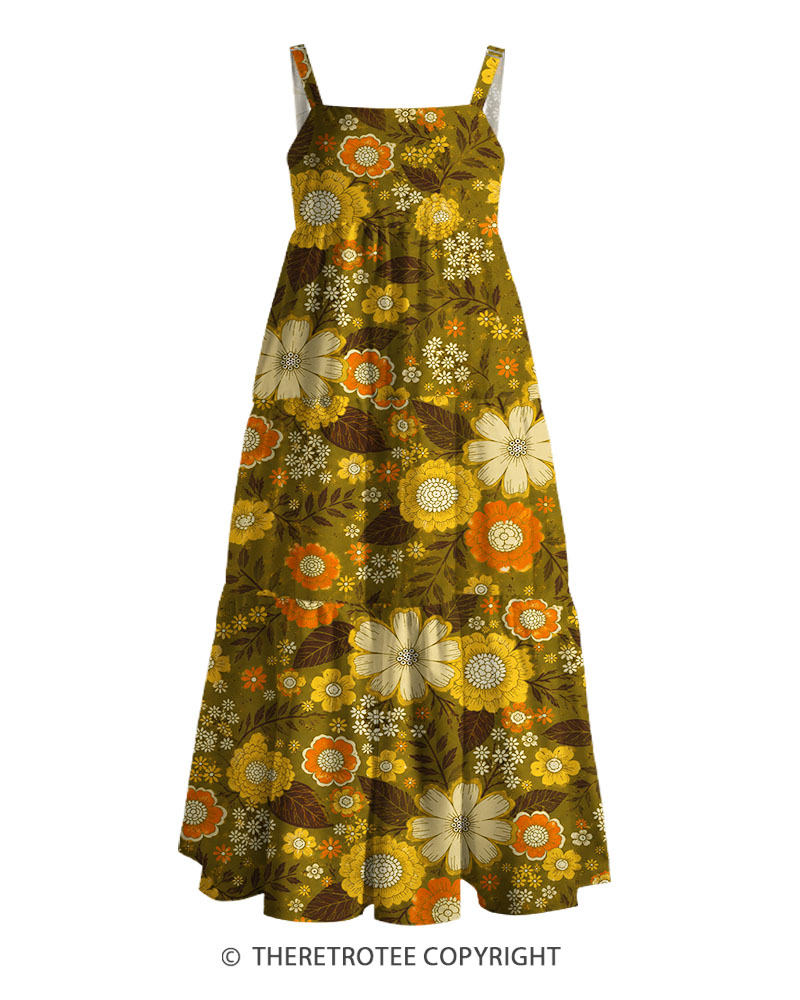 TheRetroTee 1970s Vintage Graphic Earth Tone Floral Maxi Dress