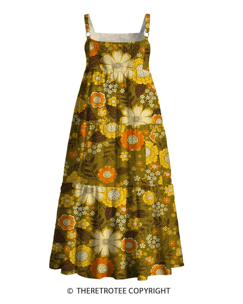TheRetroTee 1970s Vintage Graphic Earth Tone Floral Maxi Dress