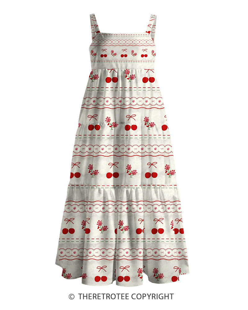 TheRetroTee 1950s Vintage Sweet Cherry Cottagecore Stripe Print Strappy Maxi Dress