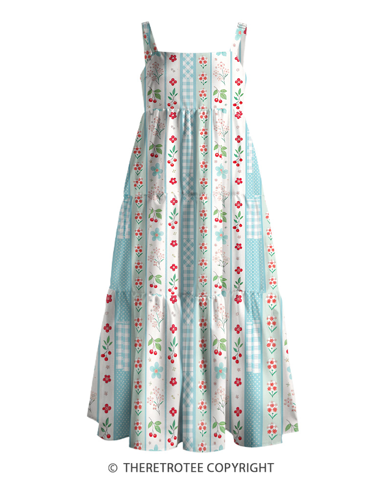 TheRetroTee 1950s Vintage Patchwork Floral Cherry Cottagecore Strappy Maxi Dress
