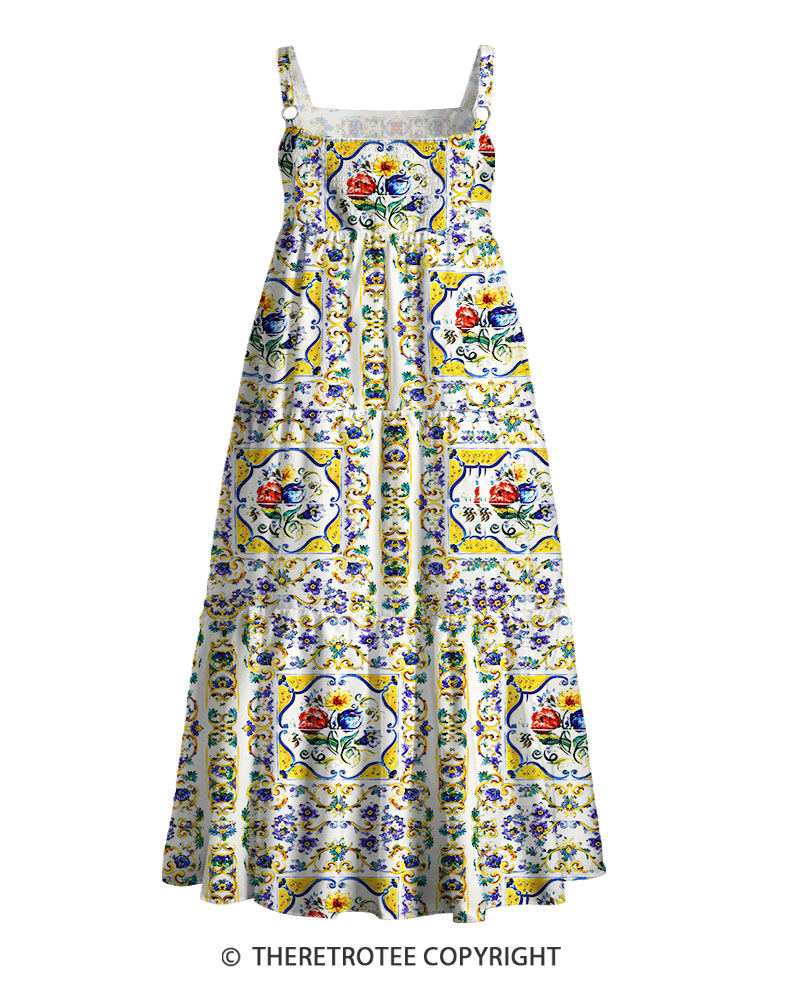 TheRetroTee Vintage Mediterranean Floral Maxi Dress