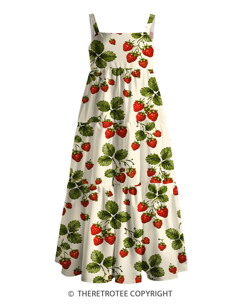 TheRetroTee Vintage Strawberry Botanical Print Maxi Dress
