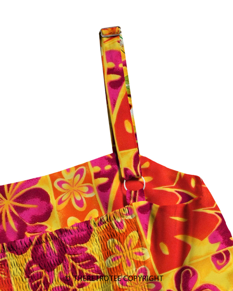 TheRetroTee 1960s Retro Hawaiian Tiki Patchwork Tropical Floral Strappy Maxi Dress