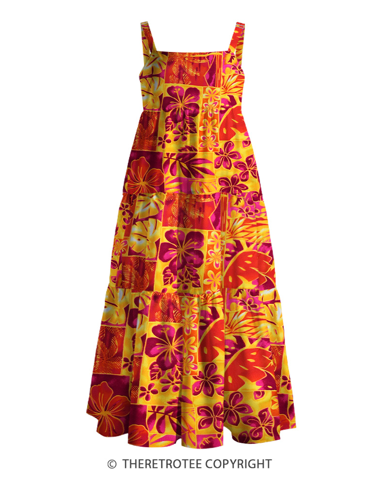 TheRetroTee 1960s Retro Hawaiian Tiki Patchwork Tropical Floral Strappy Maxi Dress