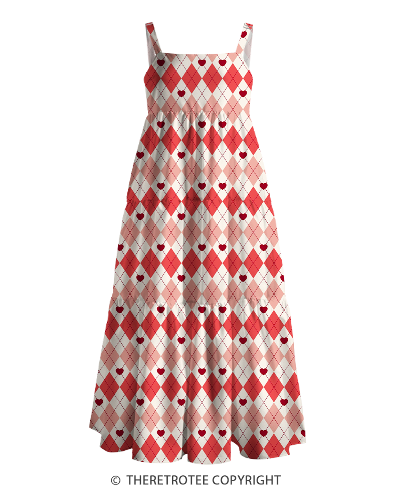 TheRetroTee 1950s Vintage Argyle Heart Valentine Print Strappy Maxi Dress