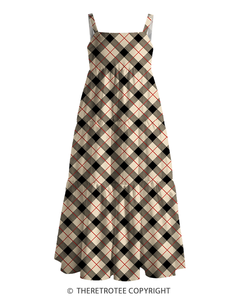 TheRetroTee 1950s Vintage Argyle Plaid Preppy Strappy Maxi Dress