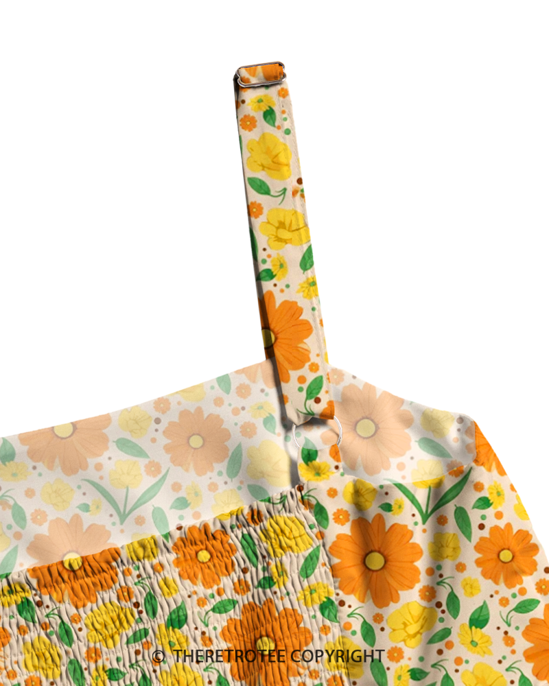 TheRetroTee 1970s Retro Groovy Orange Daisy Floral Boho Strappy Maxi Dress