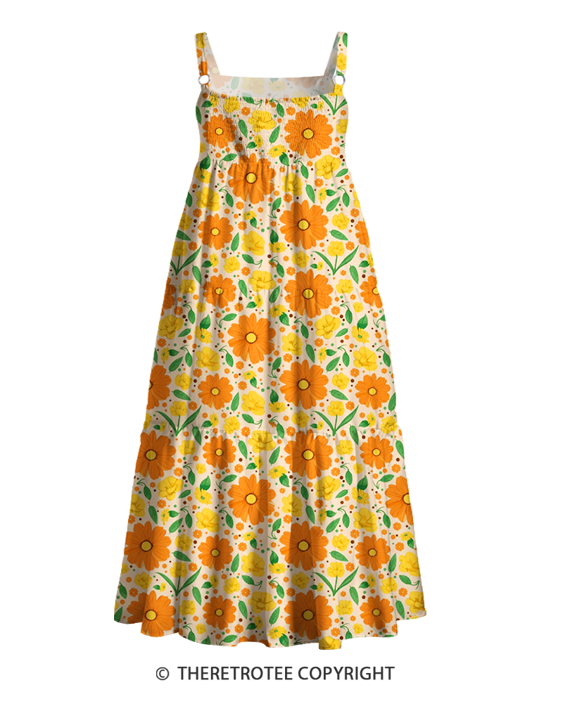 TheRetroTee 1970s Retro Groovy Orange Daisy Floral Boho Strappy Maxi Dress
