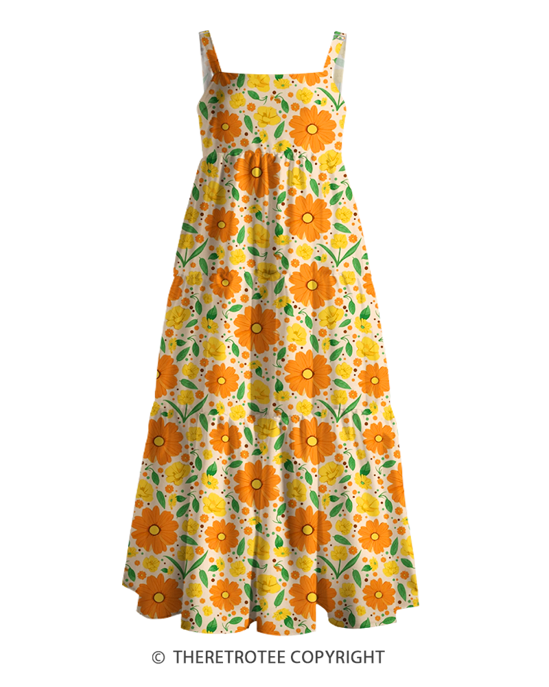 TheRetroTee 1970s Retro Groovy Orange Daisy Floral Boho Strappy Maxi Dress
