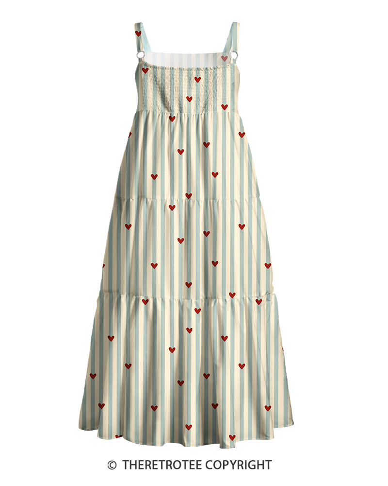 TheRetroTee 1950s Vintage Stripe Heart Cottagecore Strappy Maxi Dress