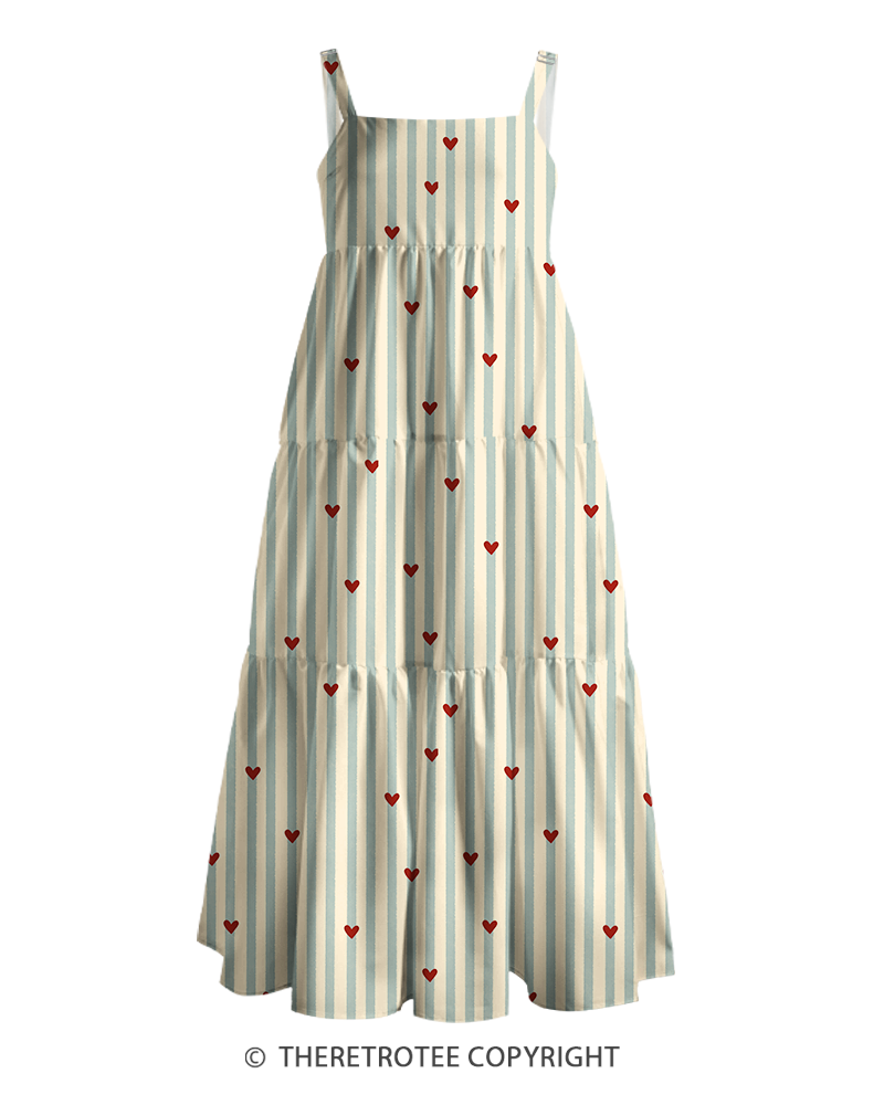 TheRetroTee 1950s Vintage Stripe Heart Cottagecore Strappy Maxi Dress
