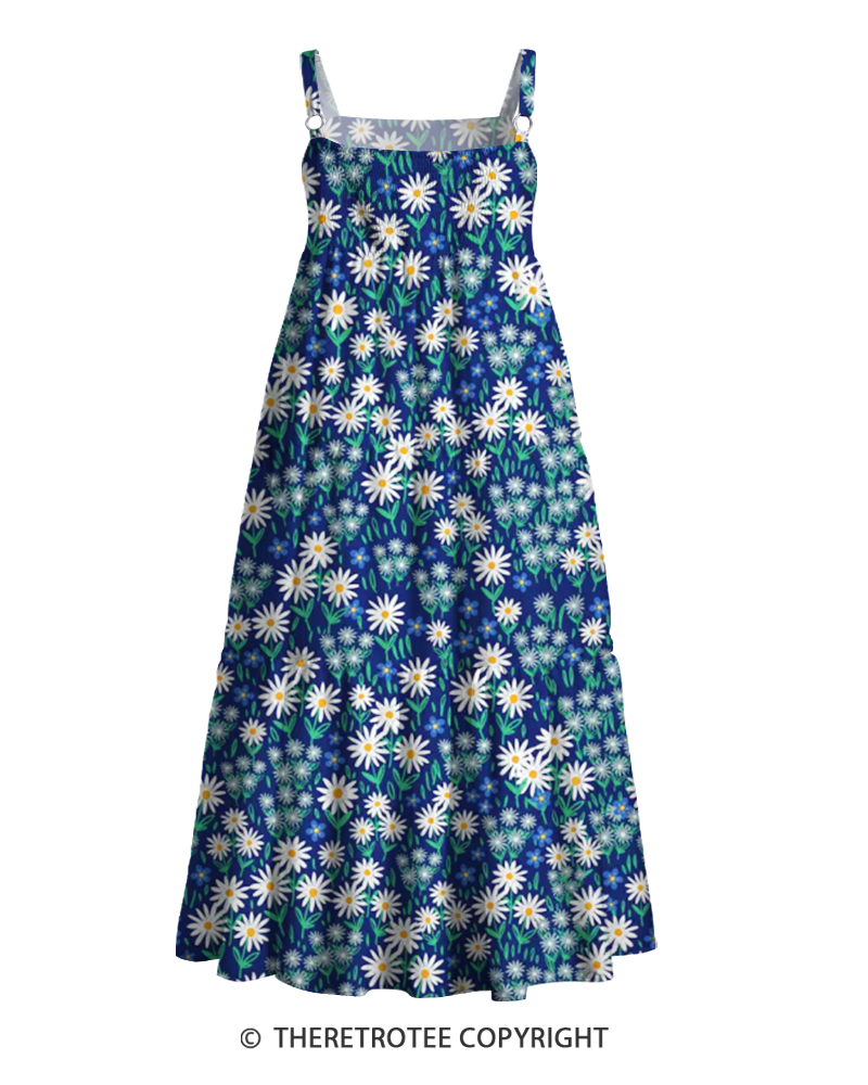 TheRetroTee 1970s Retro Blue Daisy Floral Boho Strappy Maxi Dress