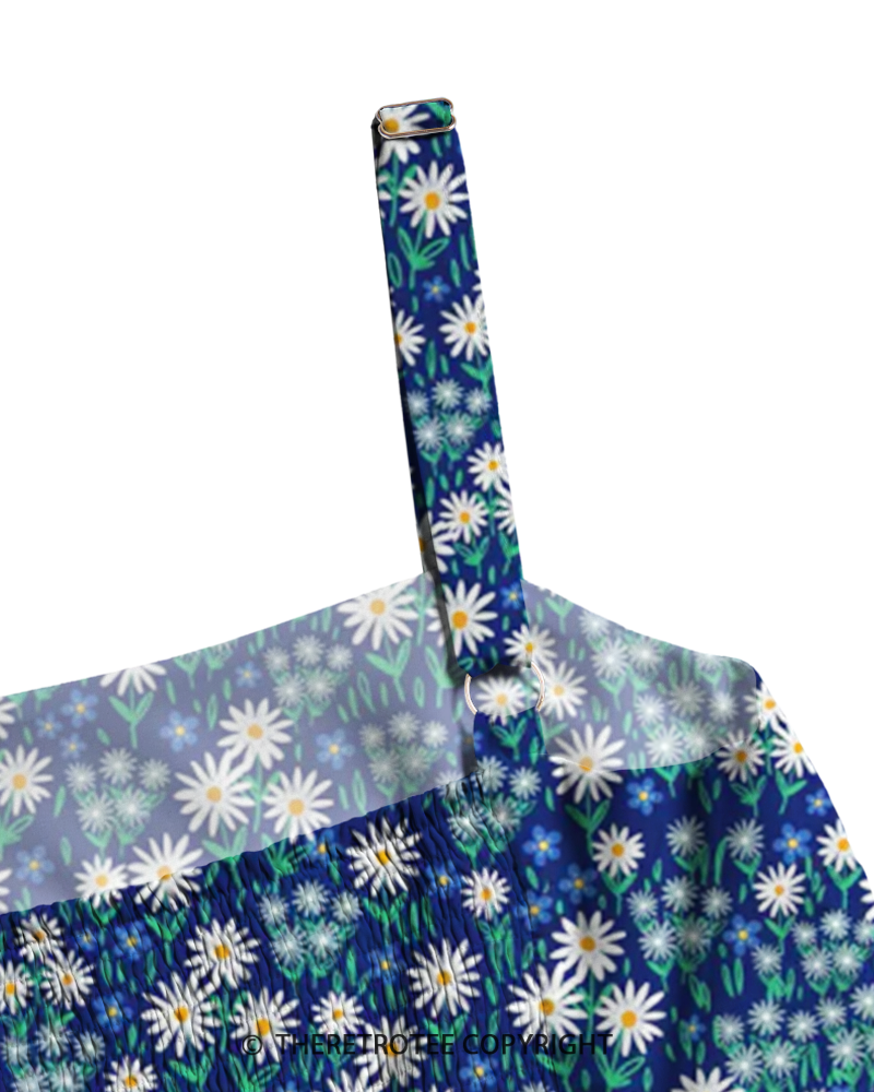 TheRetroTee 1970s Retro Blue Daisy Floral Boho Strappy Maxi Dress
