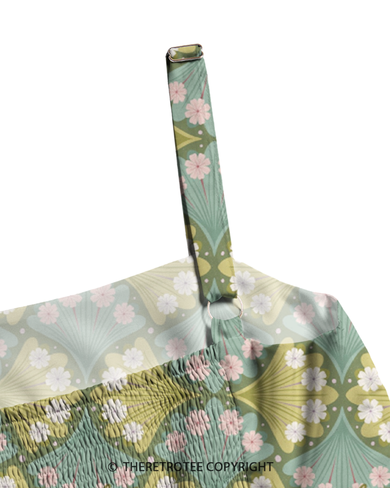 TheRetroTee 1960s Retro Mod Floral Fan Geometric Boho Strappy Maxi Dress