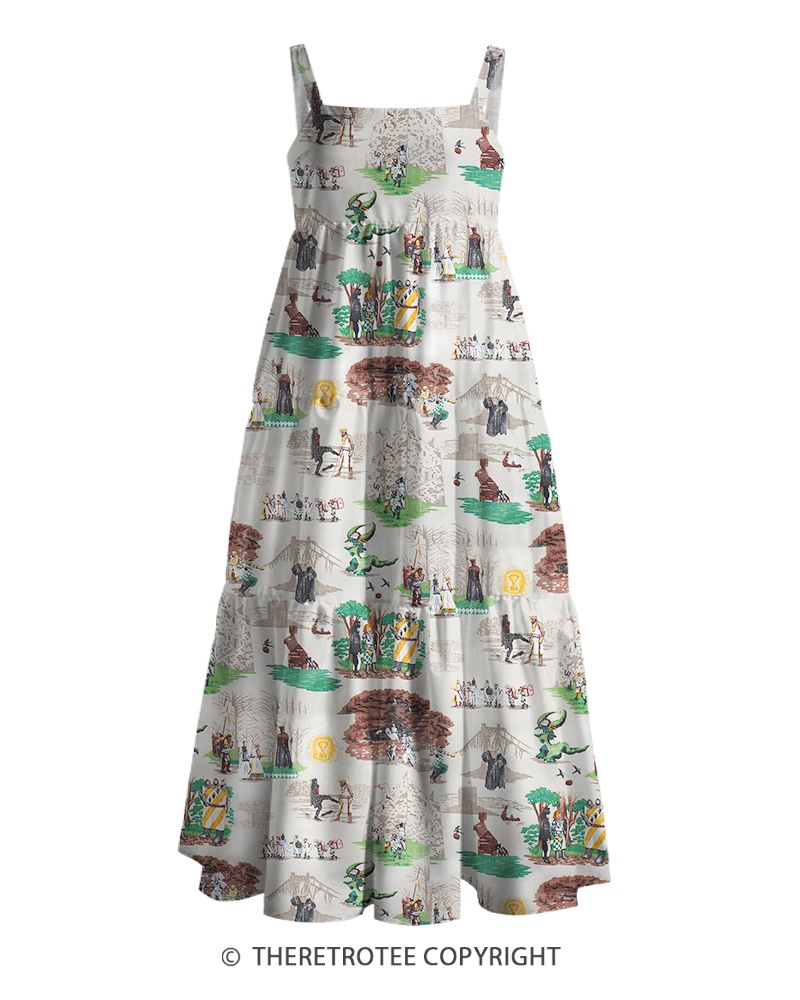 TheRetroTee 1970s Vintage Medieval Fantasy Toile Scene Print Strappy Maxi Dress