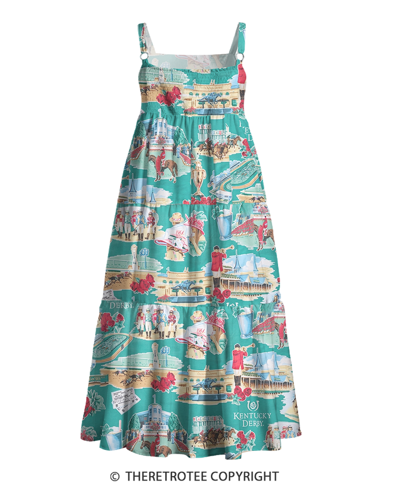 TheRetroTee 1950s Vintage Kentucky Derby Horse Racing Toile Scene Strappy Maxi Dress