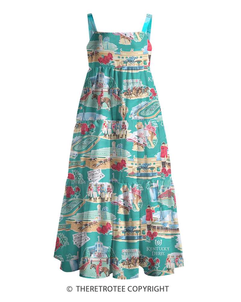 TheRetroTee 1950s Vintage Kentucky Derby Horse Racing Toile Scene Strappy Maxi Dress