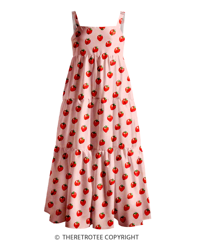 TheRetroTee 1950s Vintage Strawberry Print Sweet Cottagecore Strappy Maxi Dress