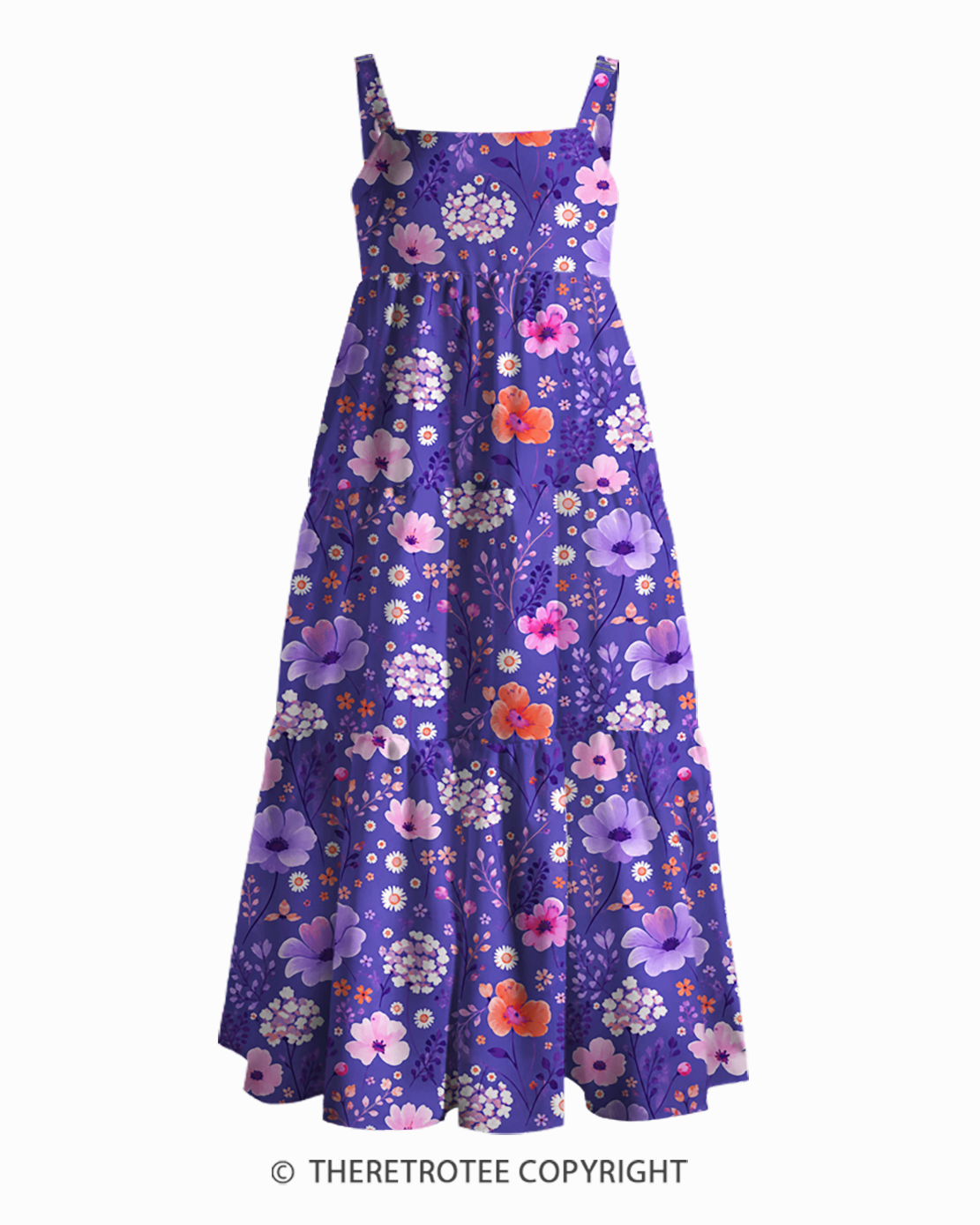 TheRetroTee Lavender Bloom Meadow 1970s Strappy Maxi Dress
