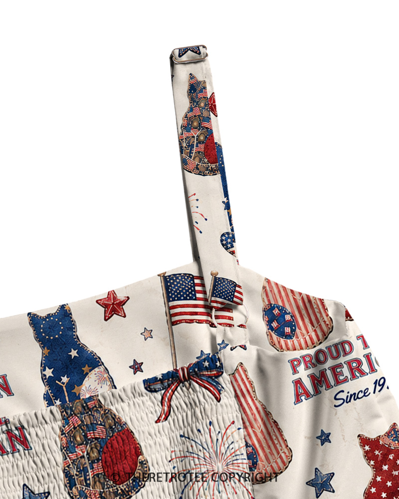 TheRetroTee Stars & Stripes Cat Parade 1970s Strappy Maxi Dress
