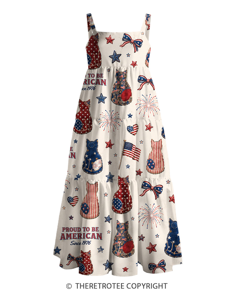 TheRetroTee Stars & Stripes Cat Parade 1970s Strappy Maxi Dress