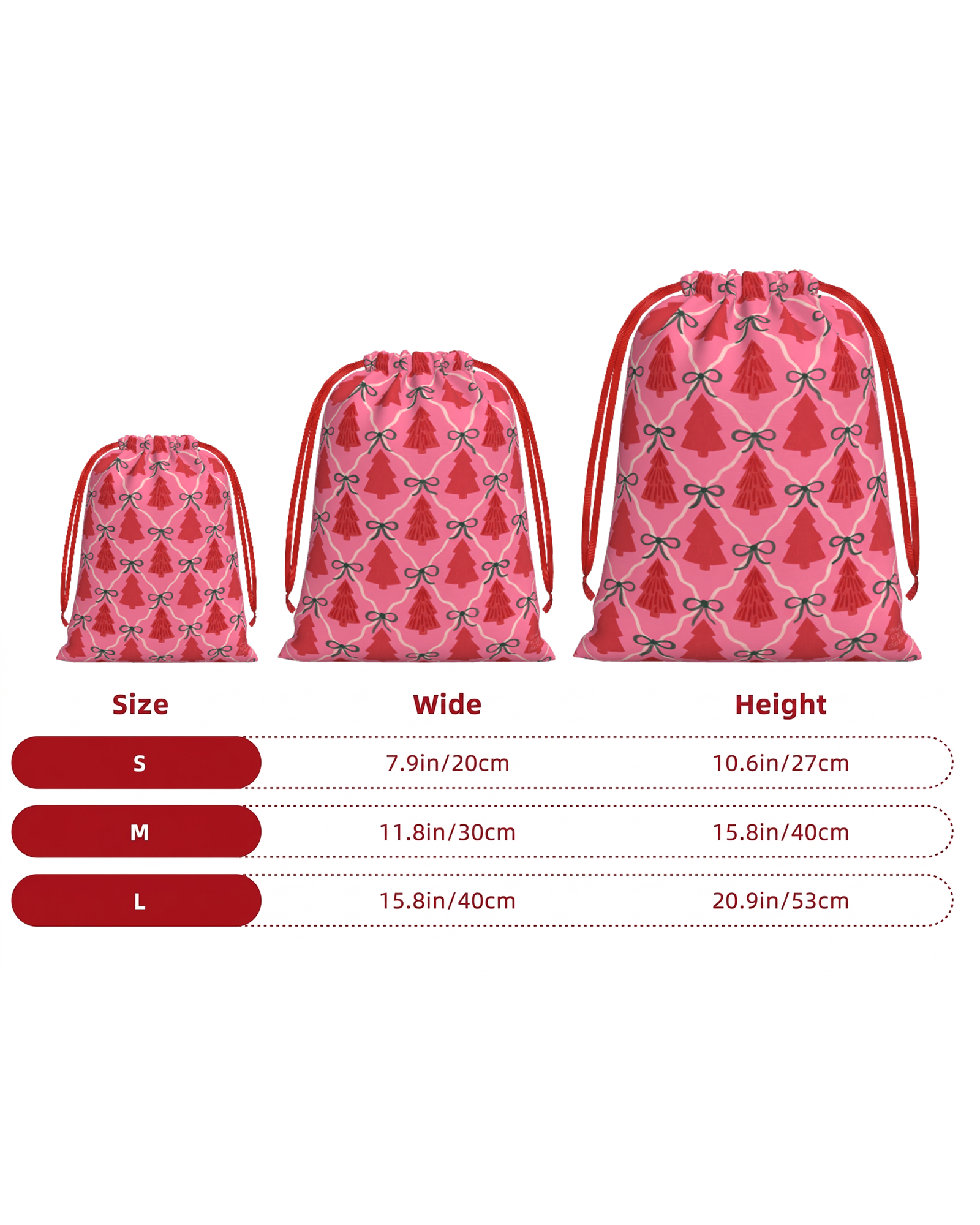 TheRetroTee 1950s Pink Christmas Ribbon Trees Christmas Drawstring Bag