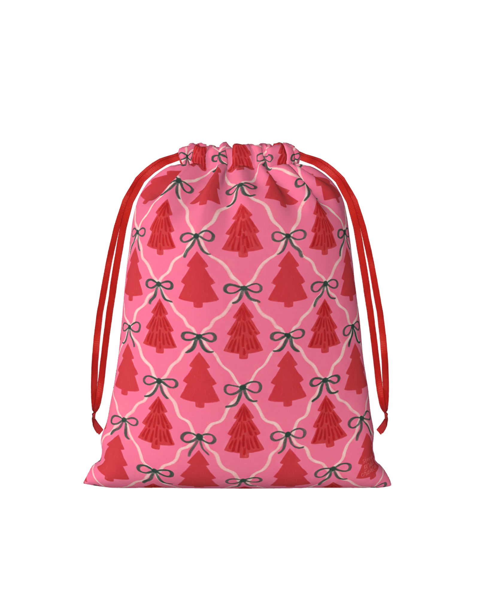 TheRetroTee 1950s Pink Christmas Ribbon Trees Christmas Drawstring Bag