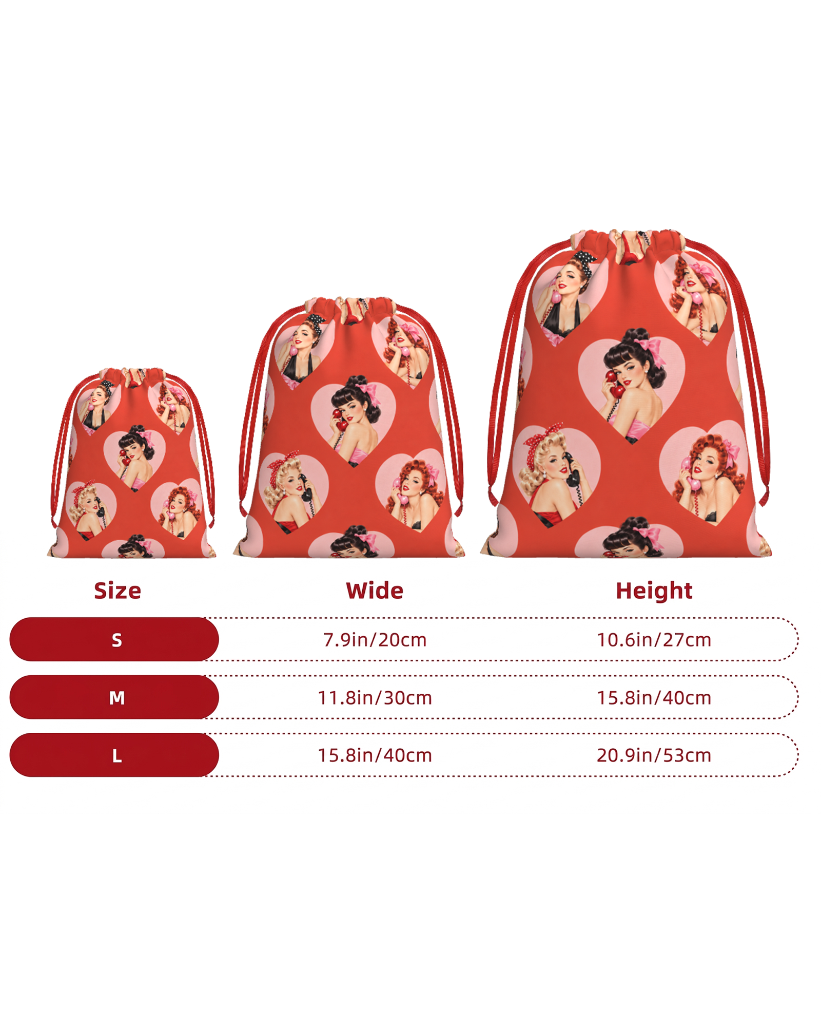TheRetroTee 1950s Retro Romance Heart Pattern Christmas Drawstring Bag
