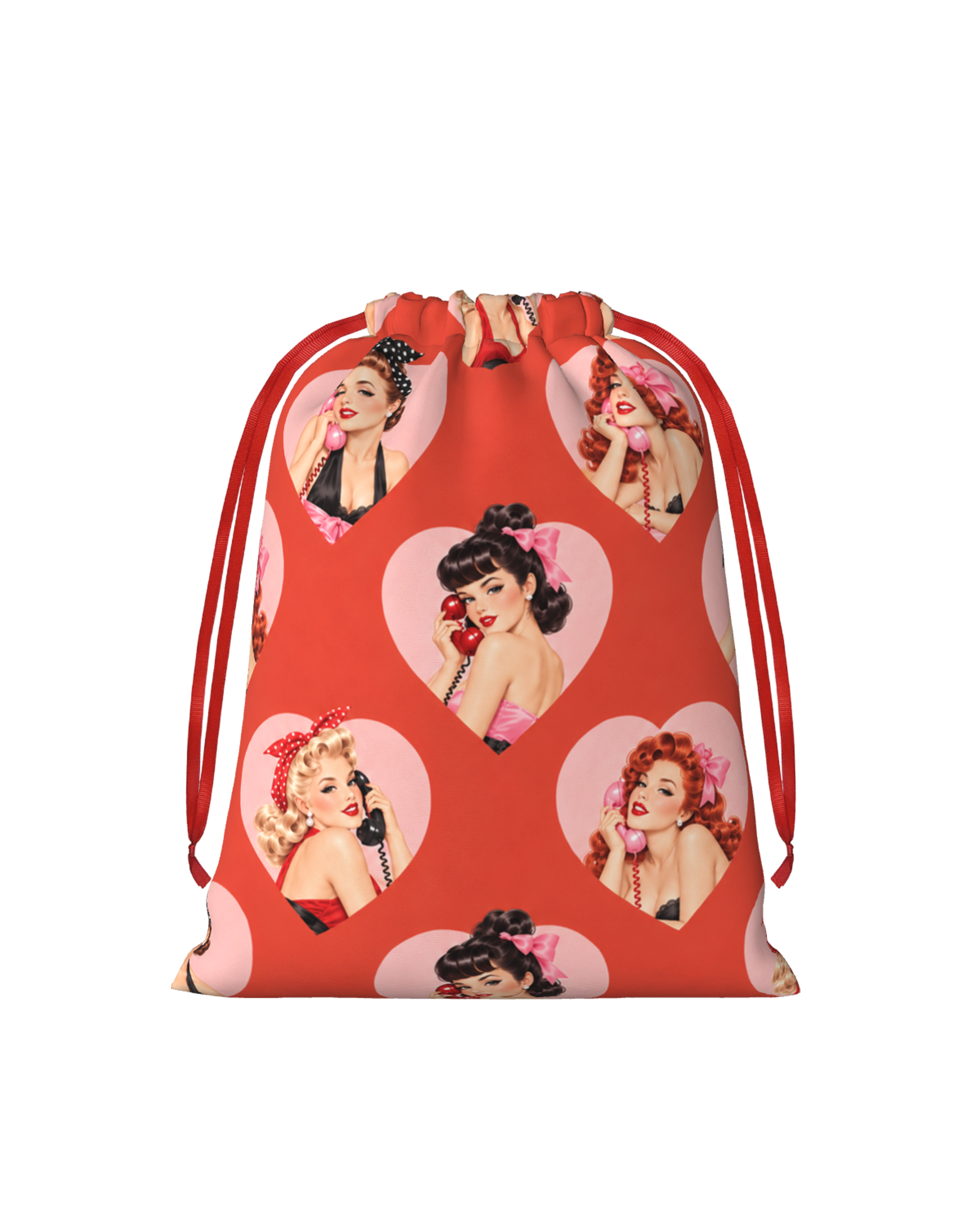 TheRetroTee 1950s Retro Romance Heart Pattern Christmas Drawstring Bag
