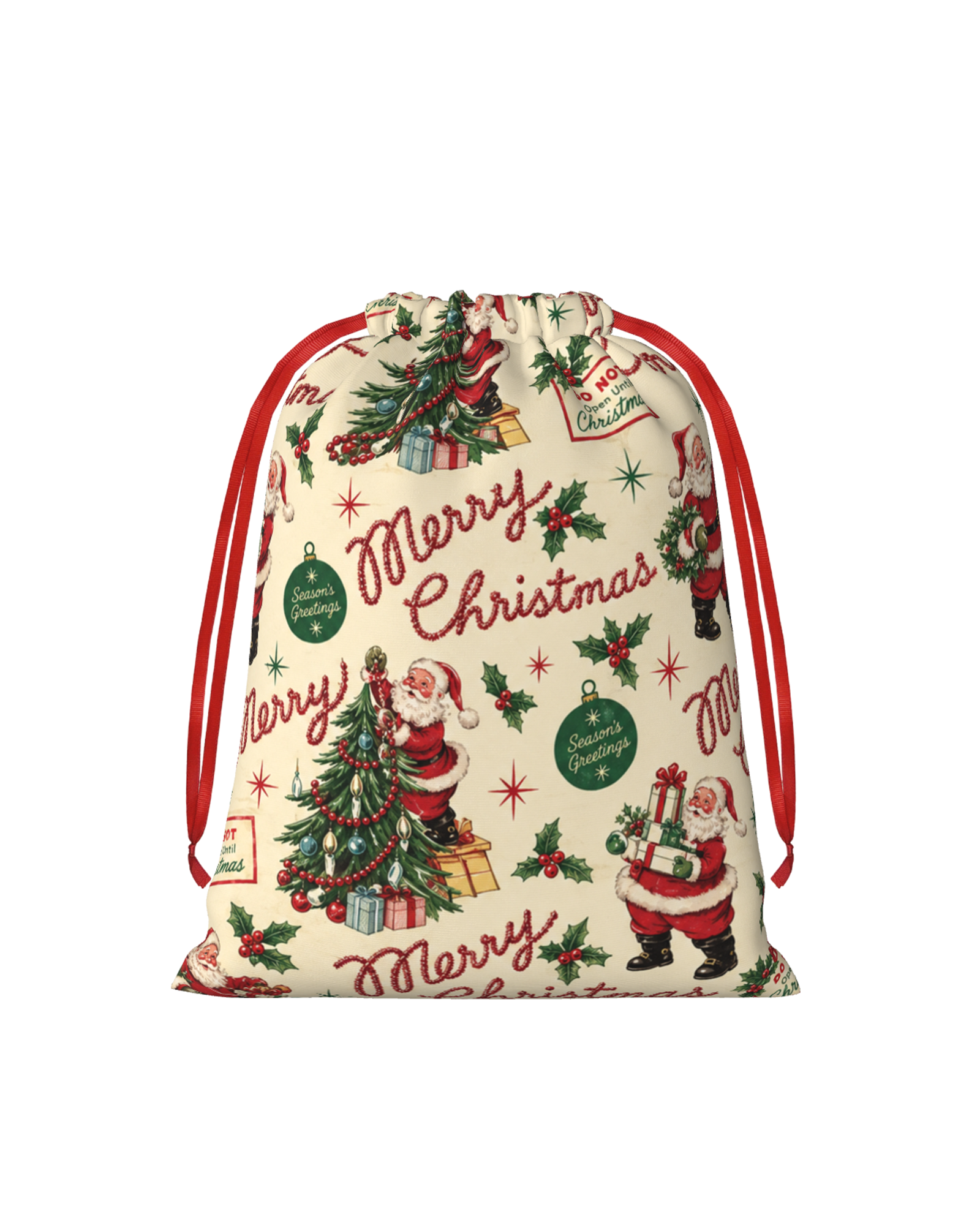 TheRetroTee 1960s Vintage Christmas Greeting Pattern Christmas Drawstring Bag