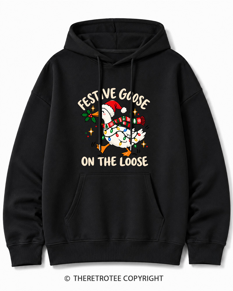 TheRetroTee Festive Goose On The Loose Vintage Christmas Cotton Hoodie