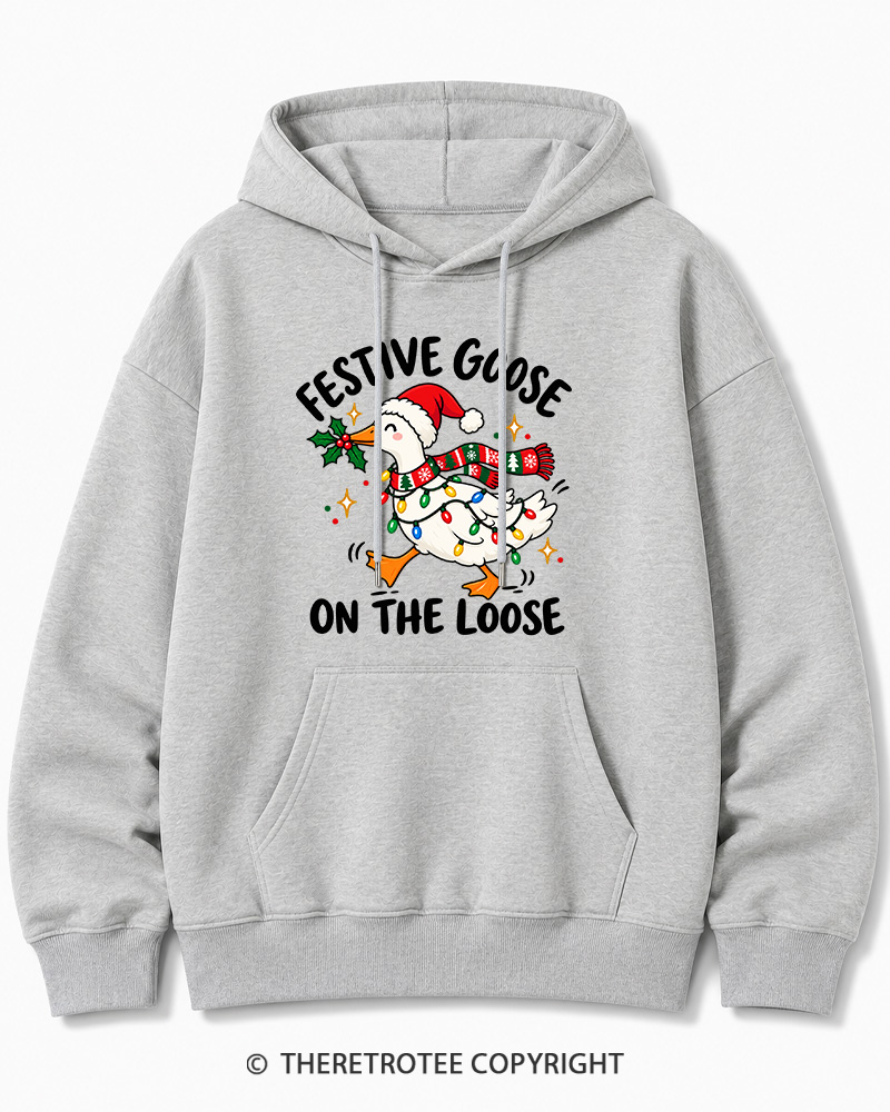 TheRetroTee Festive Goose On The Loose Vintage Christmas Cotton Hoodie