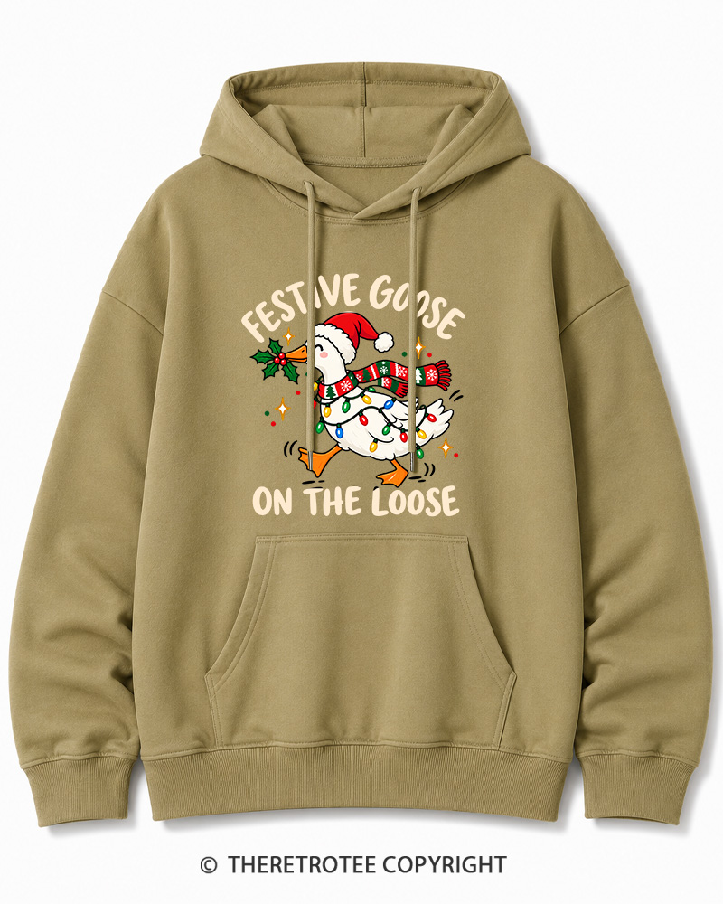 TheRetroTee Festive Goose On The Loose Vintage Christmas Cotton Hoodie