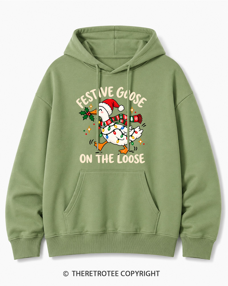 TheRetroTee Festive Goose On The Loose Vintage Christmas Cotton Hoodie