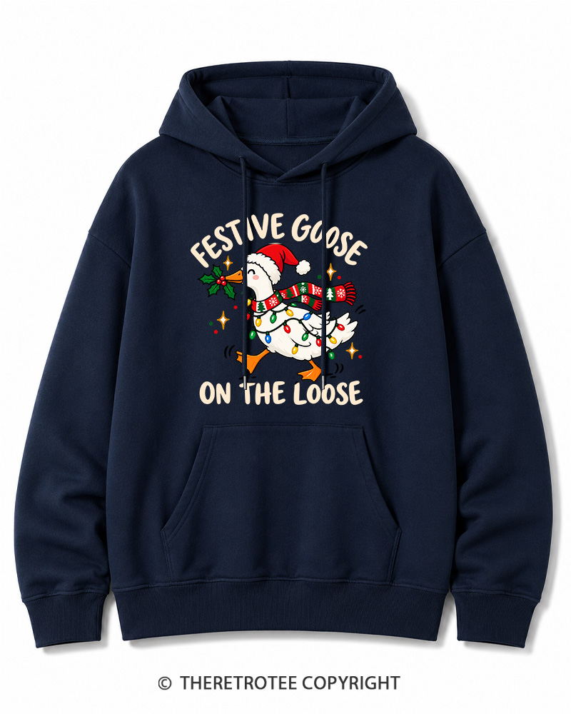 TheRetroTee Festive Goose On The Loose Vintage Christmas Cotton Hoodie