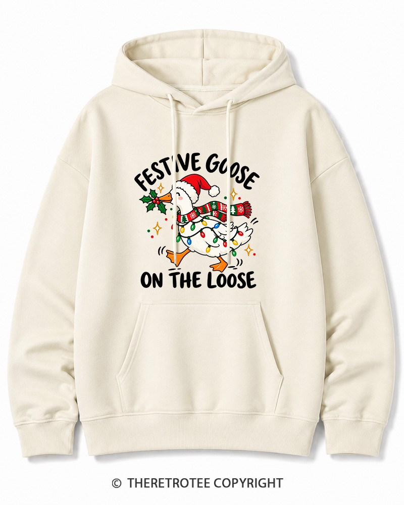 TheRetroTee Festive Goose On The Loose Vintage Christmas Cotton Hoodie