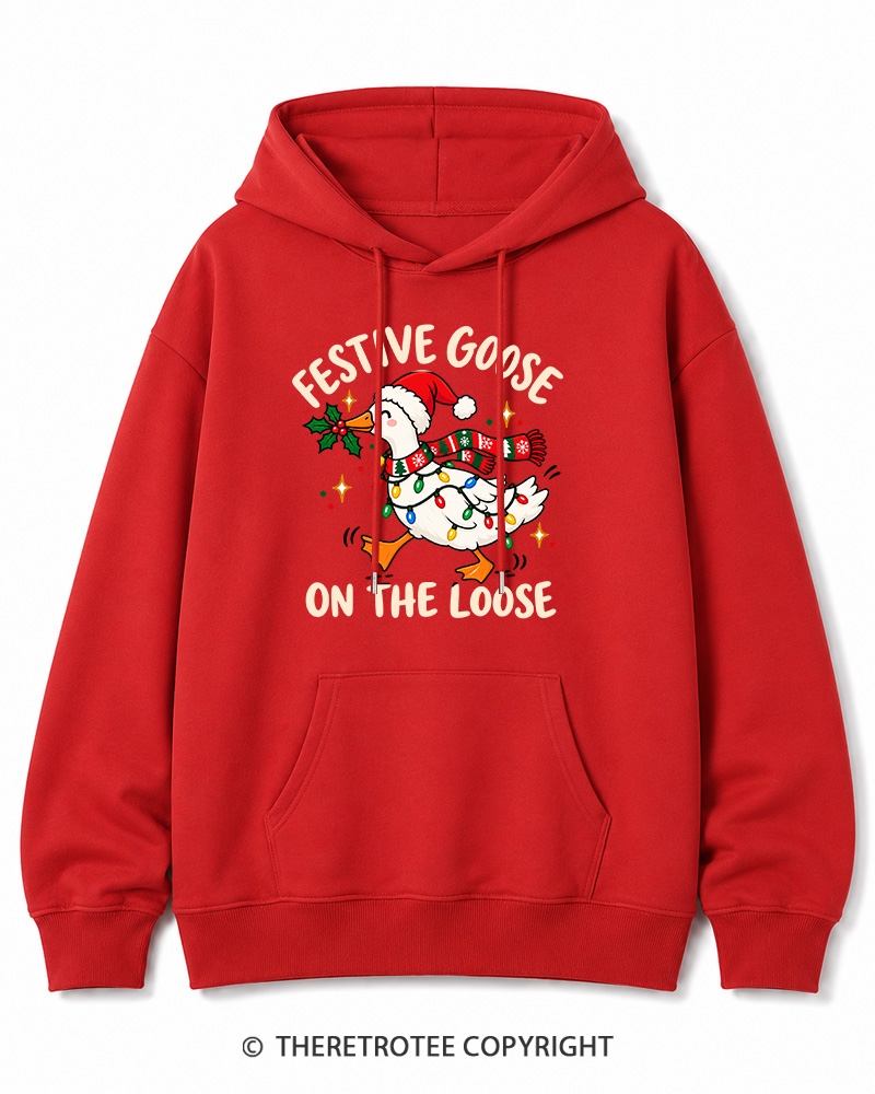 TheRetroTee Festive Goose On The Loose Vintage Christmas Cotton Hoodie