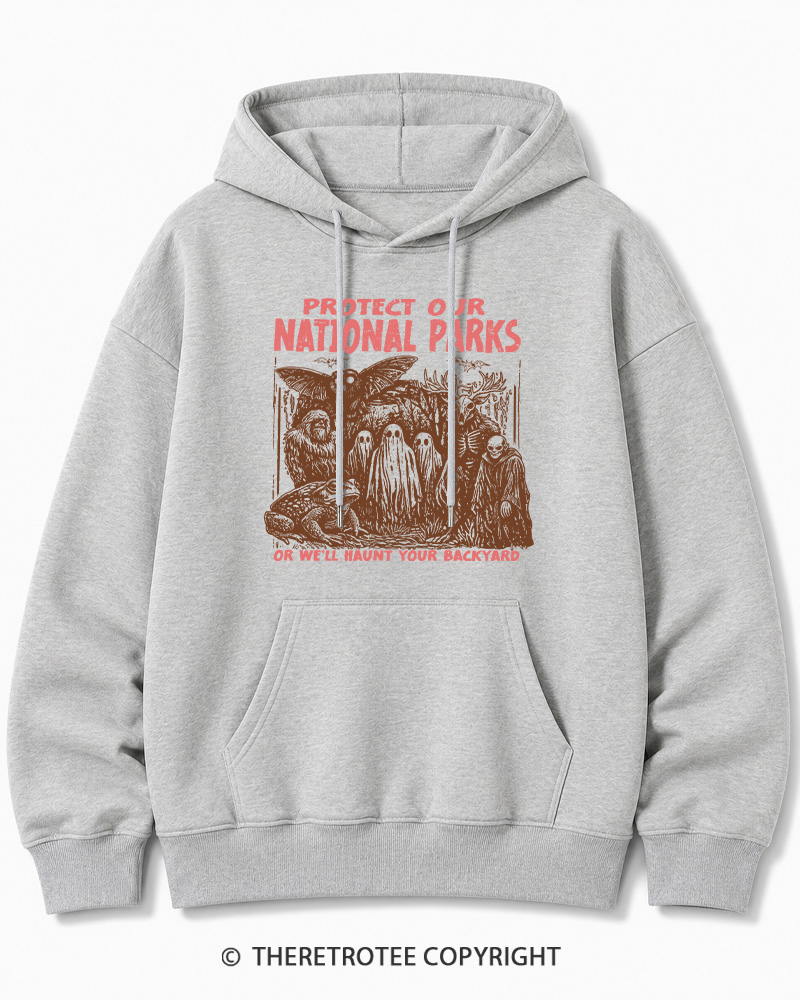 TheRetroTee Cryptid Creatures Protect Our Parks Camping Hiking Halloween Cotton Hoodie