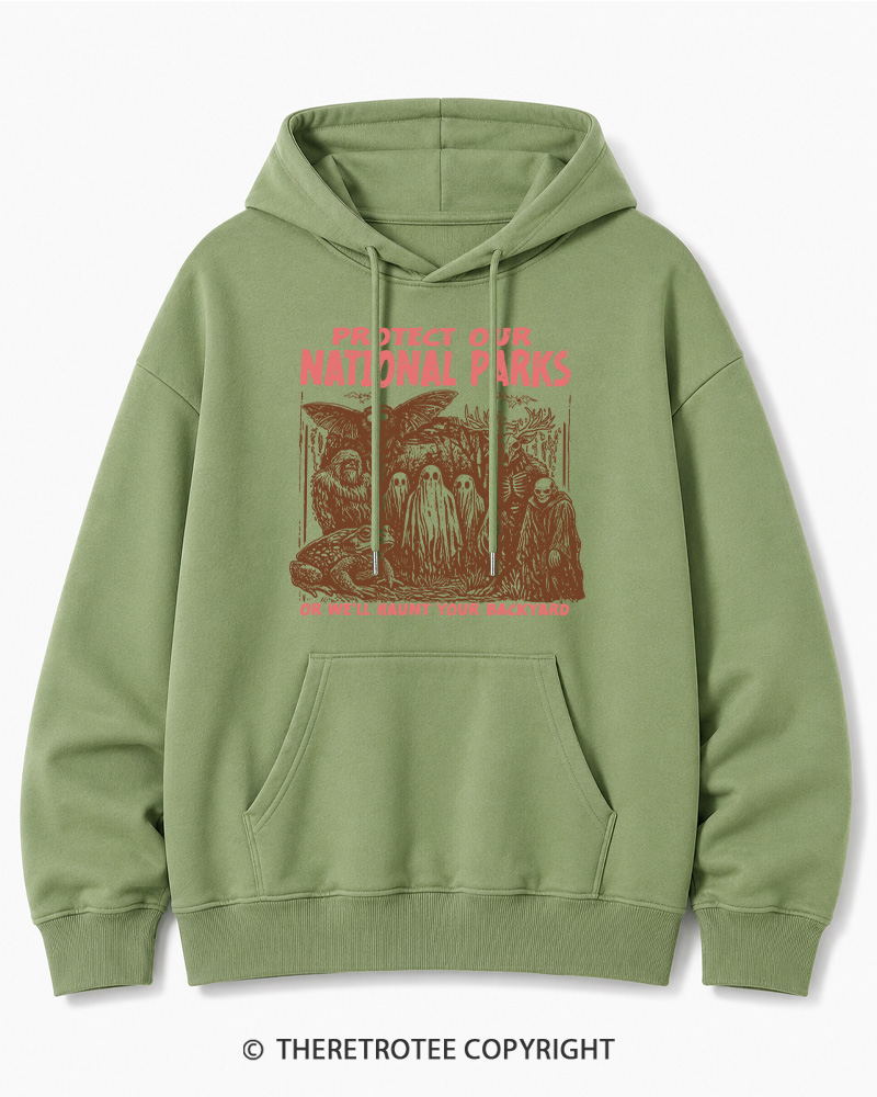 TheRetroTee Cryptid Creatures Protect Our Parks Camping Hiking Halloween Cotton Hoodie