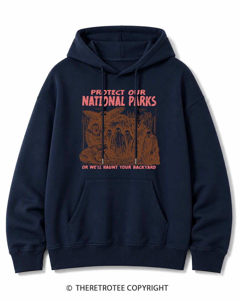 TheRetroTee Cryptid Creatures Protect Our Parks Camping Hiking Halloween Cotton Hoodie
