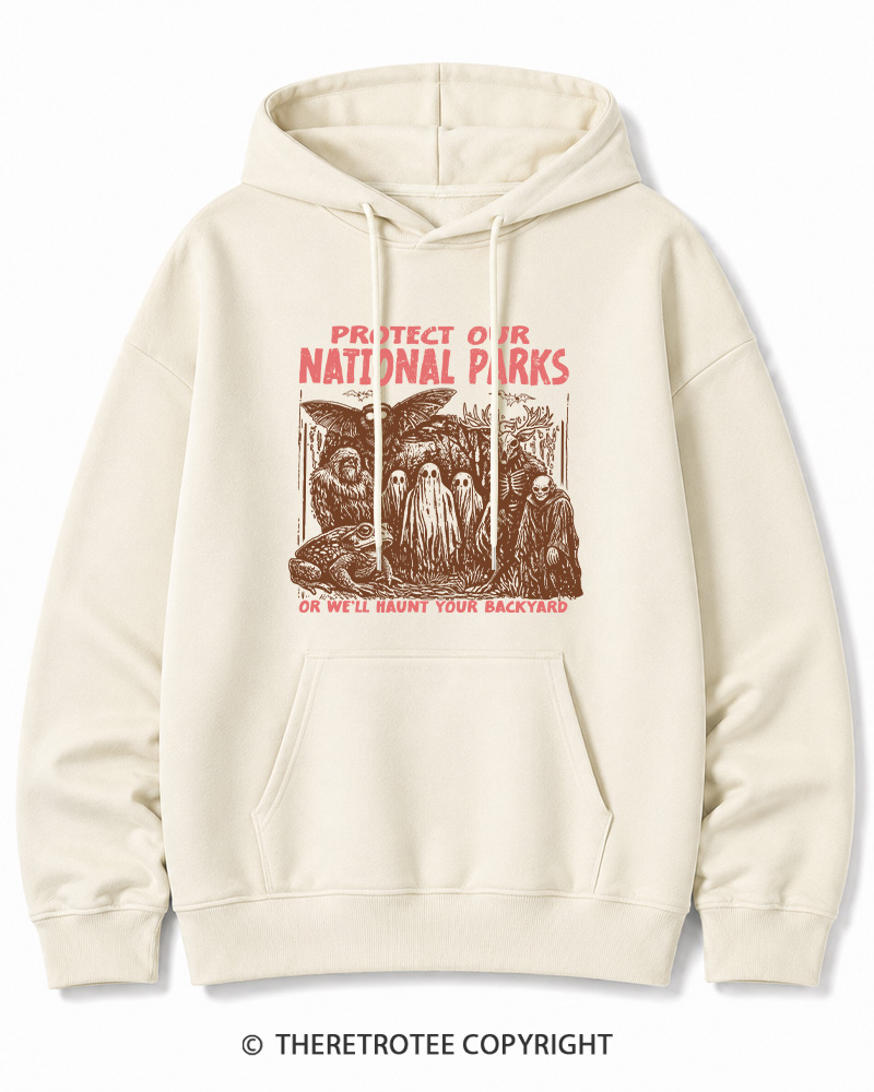 TheRetroTee Cryptid Creatures Protect Our Parks Camping Hiking Halloween Cotton Hoodie