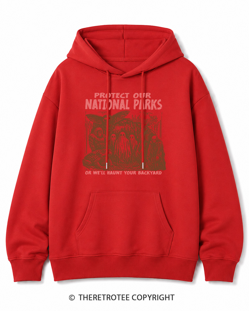TheRetroTee Cryptid Creatures Protect Our Parks Camping Hiking Halloween Cotton Hoodie