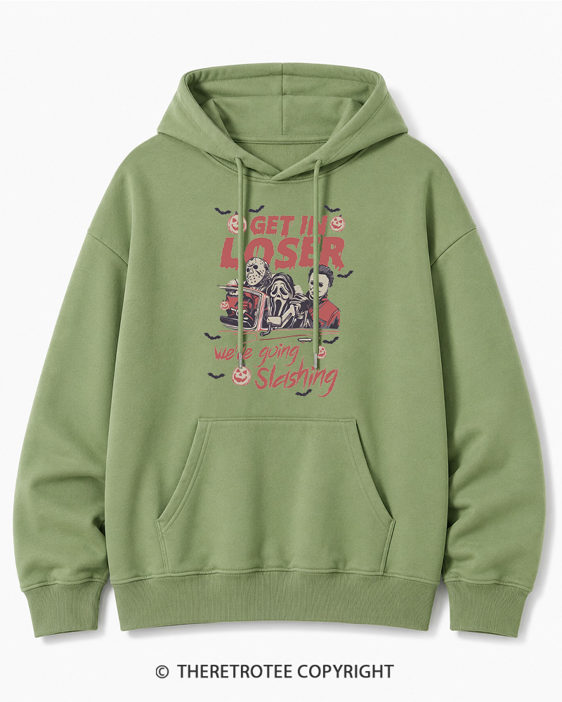 TheRetroTee Get In Loser We're Going Slashing Halloween Cotton Hoodie