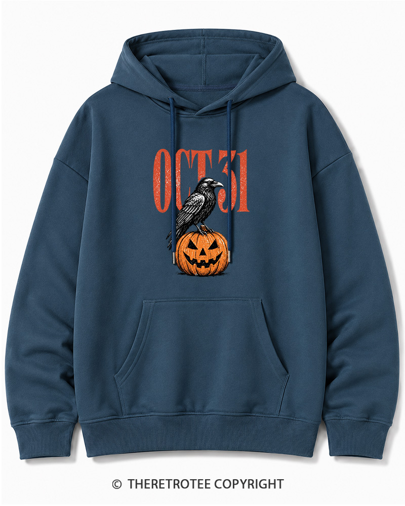 TheRetroTee Halloween Crow Pumpkin October 31 Halloween Halloween Cotton Hoodie
