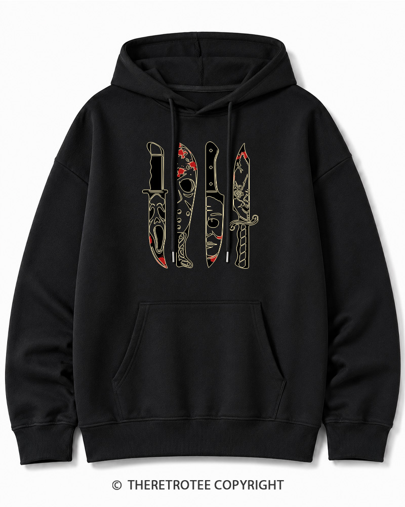 TheRetroTee Horror Movie Characters In Knives 1970s Halloween Cotton Hoodie