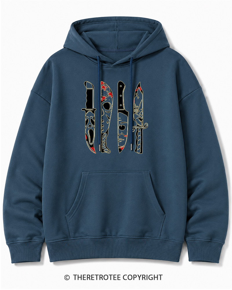 TheRetroTee Horror Movie Characters In Knives 1970s Halloween Cotton Hoodie