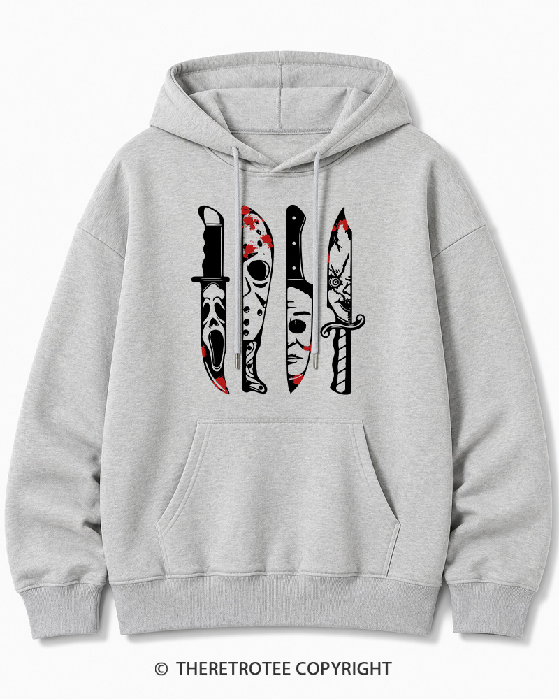 TheRetroTee Horror Movie Characters In Knives 1970s Halloween Cotton Hoodie